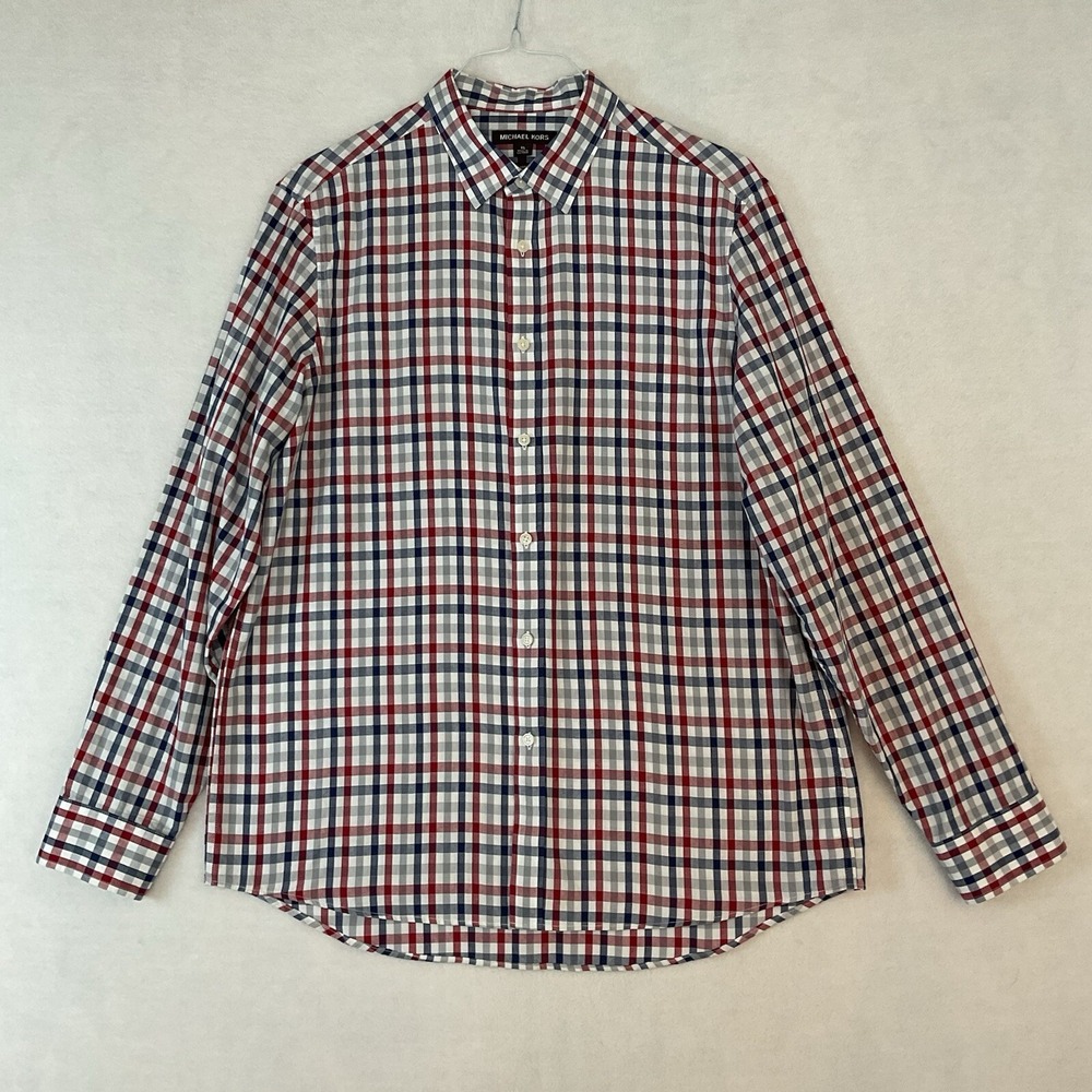 Michael Kors Plaid Shirt Mens XL Classic Fit Red Navy Button Up‎ Long Sleeves